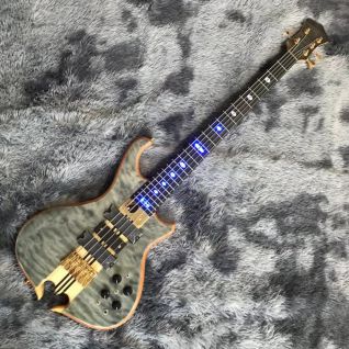 Custom Alembic Style Mark King 5 Omega Cut Bottom Body Shape Neck Through Body Flamed Maple Top 5 Strings Bass Guitar with Side LEDs