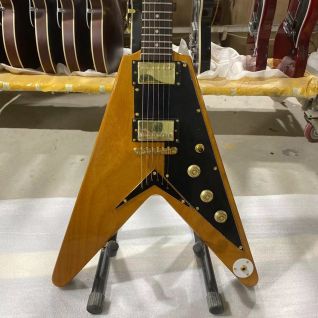 Custom Fly-V Electric Guitar in Nature Wood Color with Rosewood Fingerboard Mahogany Body Gold Hardware
