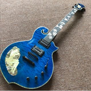 Customize LP Burl Top Mahogany Wood Irregular Special Shape Abalone Binding Neck Inlay Headstock Electric Guitar in Blue Color