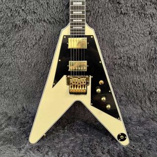 Custom Flying-V Style Electric Guitar with Cream Yellow Color Rosewood Fingerboard Golden Hardware Floyd Rose Tremolo Bridge