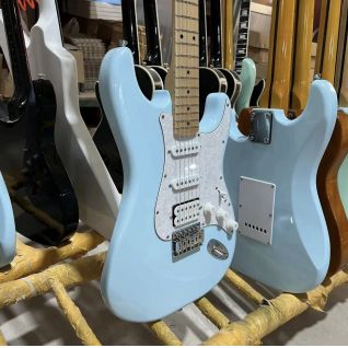 Custom Fender Copy ST Electric Guitar, Mahogany Body, White Pearl pickguard, Sky Blue Color, Maple Fingerboard
