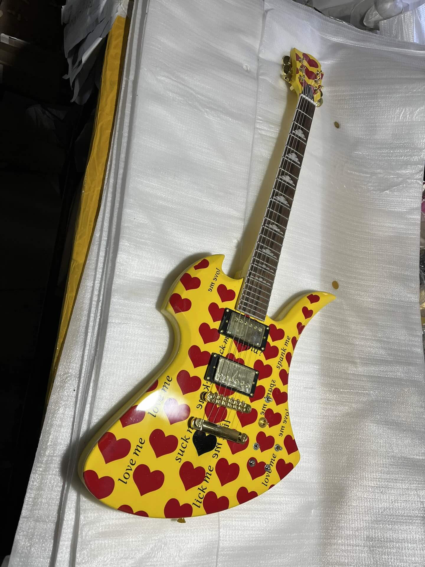 Custom Burny Mockingbird MG-145S HY Hide X Electric Guitar Yellow Heart w/ Sustainer, Japan Fernandes