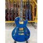 Custom Flamed Maple Top Abalone Flower Inlay Fret Semi Hollow Body LP Electric Guitar in Blue Color
