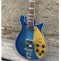 Custom Neck Through Body 660 Electric Guitar, 12 Strings Blue Guitar, Gold Pickguard, R Shape Bridge, Herringbone Binding