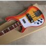 Custom Neck Through Body Lefty Handed Rickenback Style Electric Bass Guitar, 4 String Cherry Sunburst Color Bass, Adjustable Bridge, Herringbone Checkerboard Binding