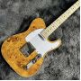 Tele Electric Guitar, Burl Maple Top, Yellow Color, Mahogany Body, Maple Fingerboard, Single Binding