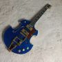 Custom f hole hollow body irregular body electric guitar with bigs bys trem in blue color, accept guitar and bass OEM